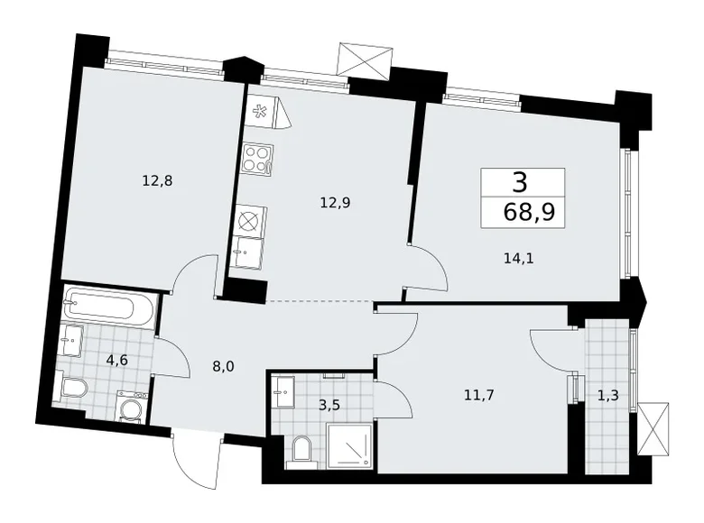 Appartement 3 chambres 69 m² Troïtsk, Russie