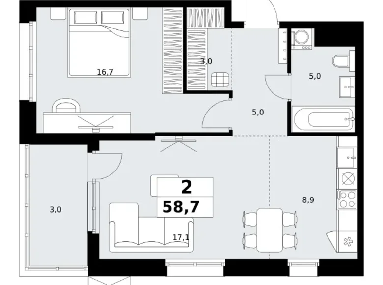2 room apartment 59 m² Kommunarka, Russia