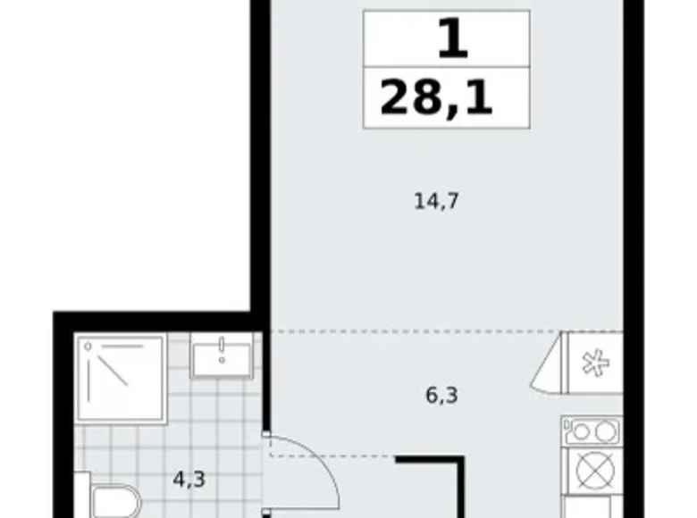 Квартира 1 комната 28 м² район Троицк, Россия