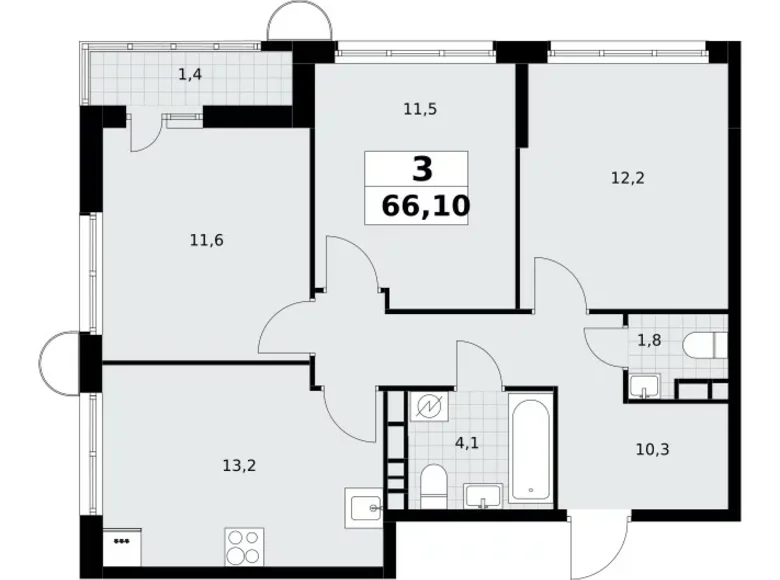 3 room apartment 66 m² Postnikovo, Russia