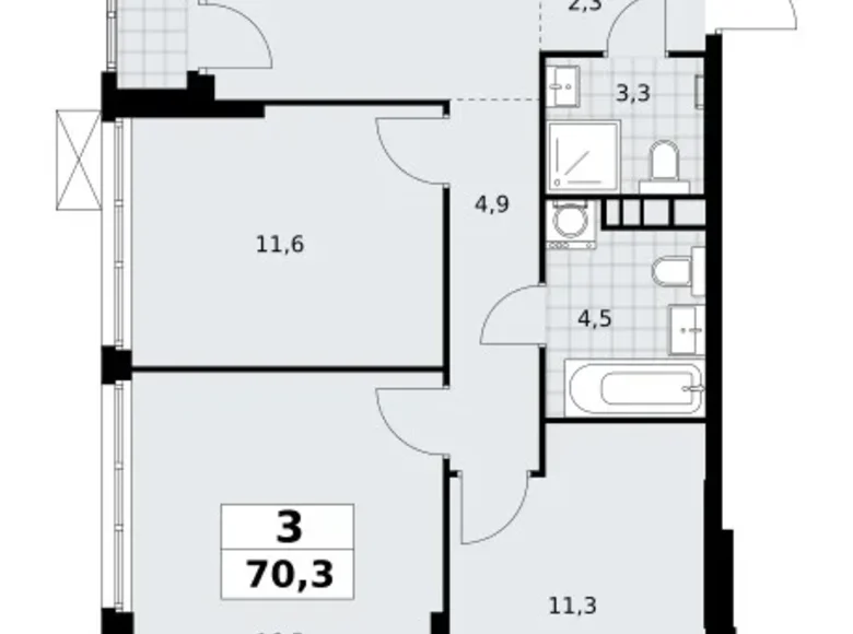 3 room apartment 70 m² South-Western Administrative Okrug, Russia