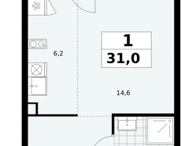 1 room apartment 31 m² Troitsk, Russia