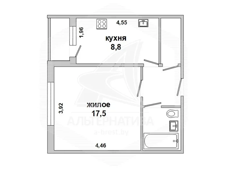 1 room apartment 35 m² Brest, Belarus