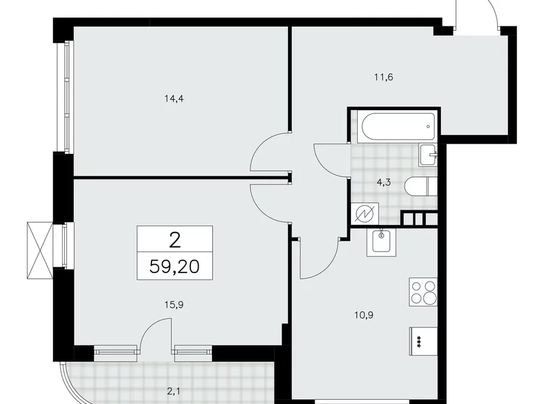 2 room apartment 59 m² Moscow, Russia