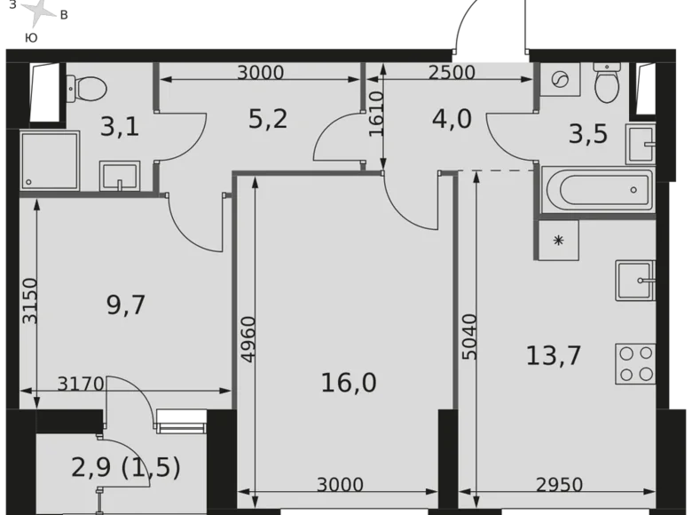 2 room apartment 57 m² Moscow, Russia