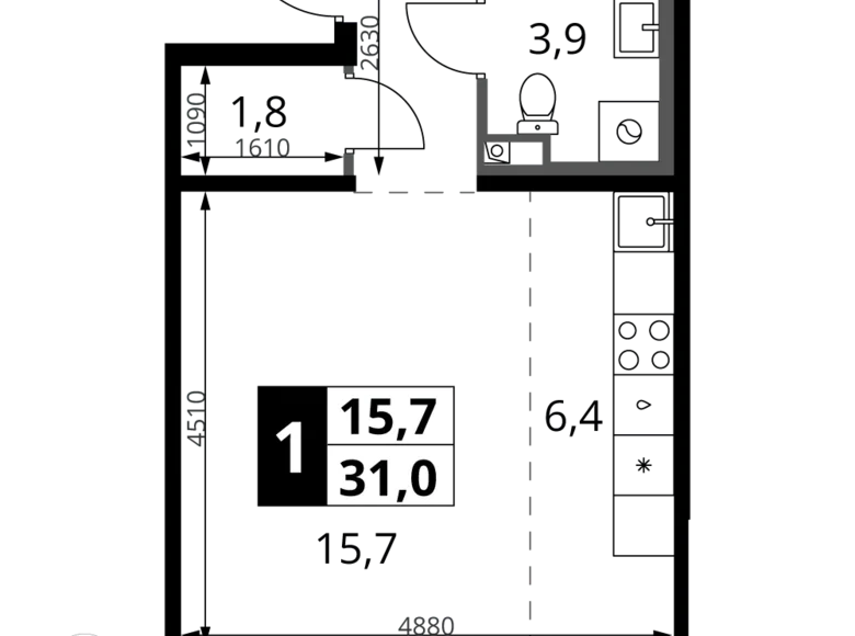 Студия 1 комната 31 м² Ленинский район, Россия