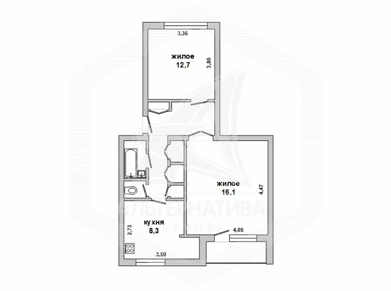 Квартира 2 комнаты 53 м² Дмитровичи, Беларусь