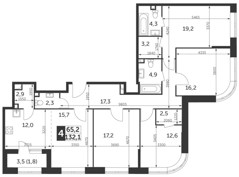 4 room apartment 132 m² North-Eastern Administrative Okrug, Russia