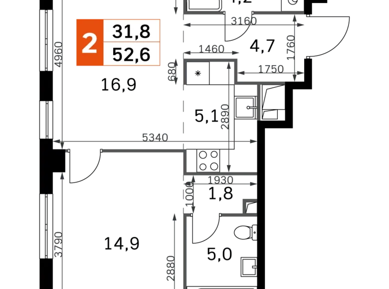 2 room apartment 53 m² North-Western Administrative Okrug, Russia