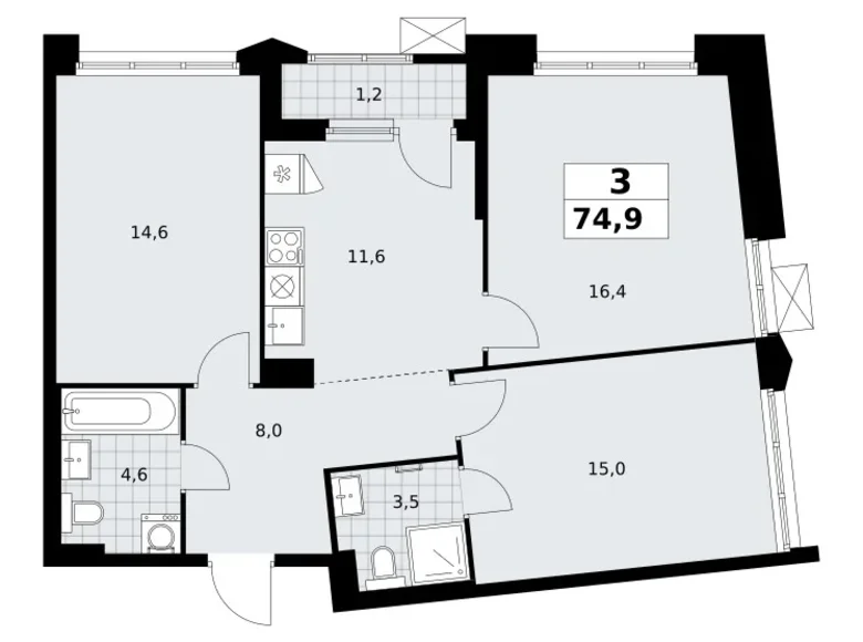 Mieszkanie 3 pokoi 75 m² Troick, Rosja
