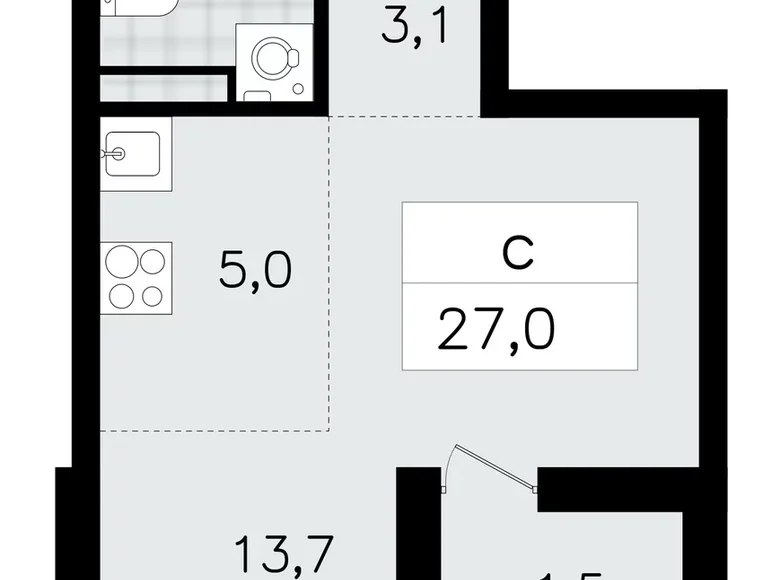 1 room apartment 27 m² Vsevolozhsk, Russia