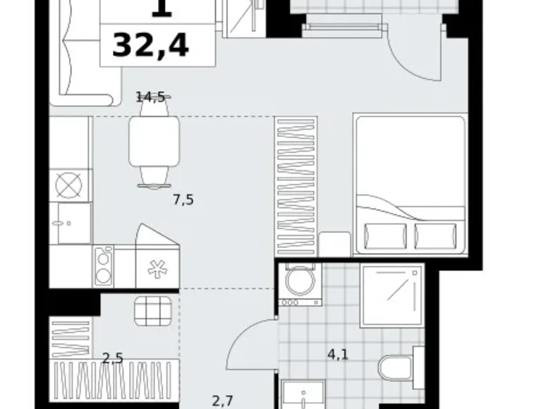 1 room apartment 32 m² Kommunarka, Russia