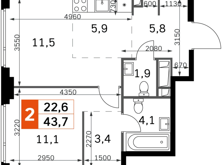 Wohnung 2 zimmer 44 m² Nordwestlicher Verwaltungsbezirk, Russland