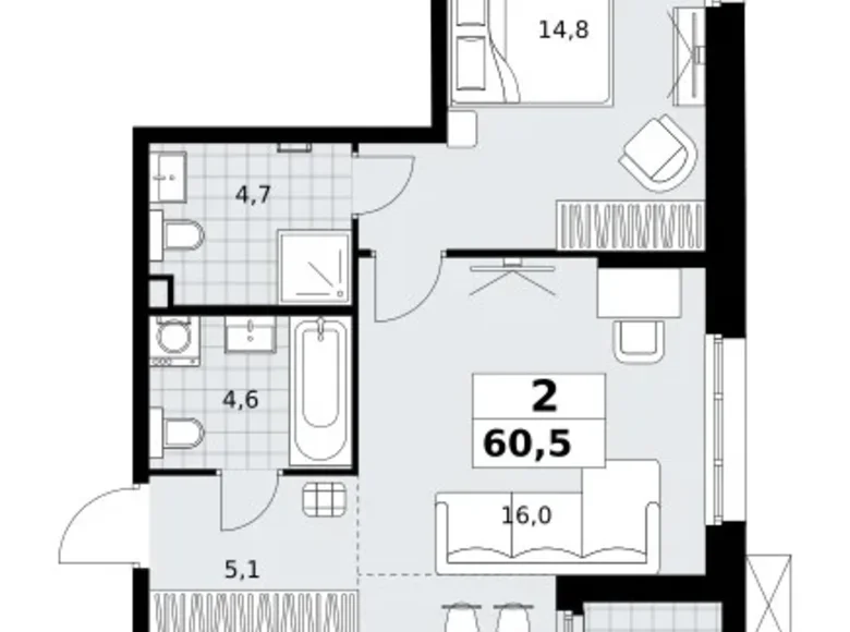 2 room apartment 61 m² Kommunarka, Russia