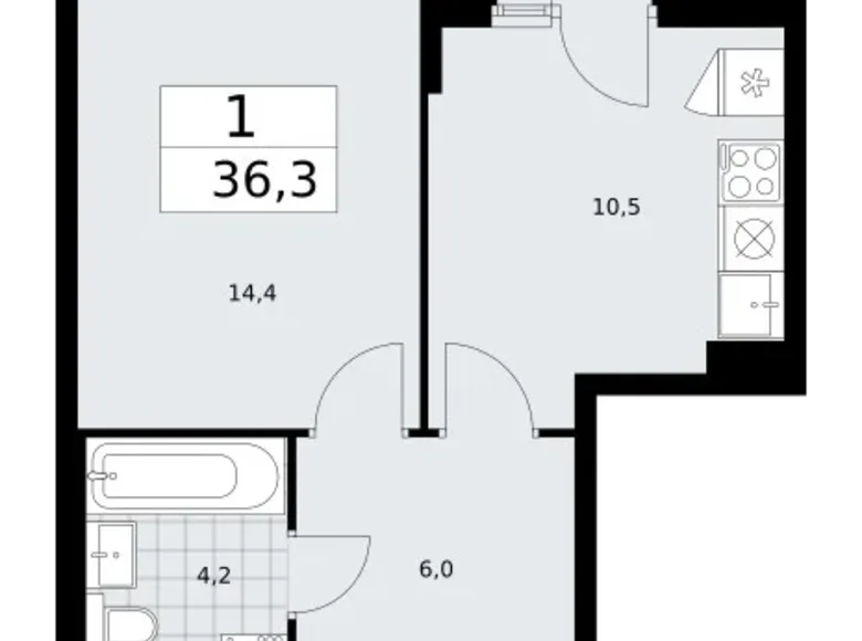 1 room apartment 36 m² Troitsk, Russia