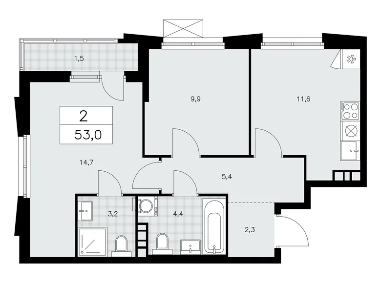 Appartement 2 chambres 53 m² poselenie Sosenskoe, Fédération de Russie