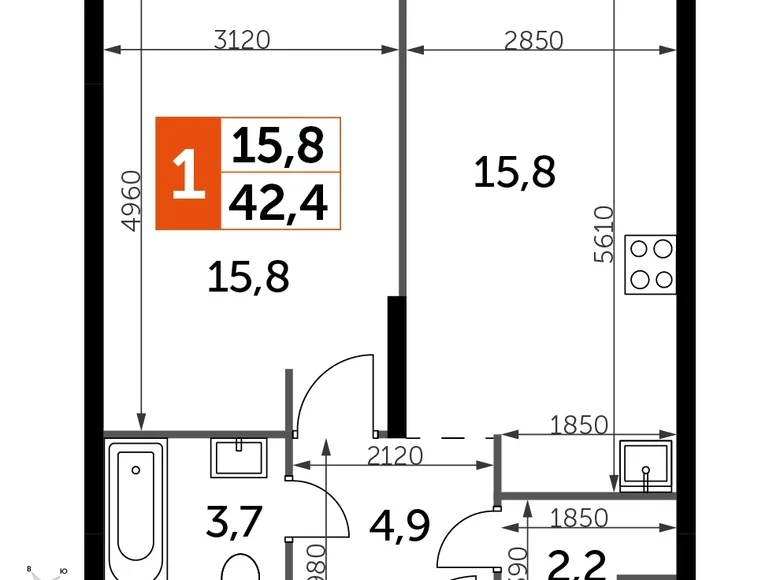 1 room apartment 42 m² North-Western Administrative Okrug, Russia