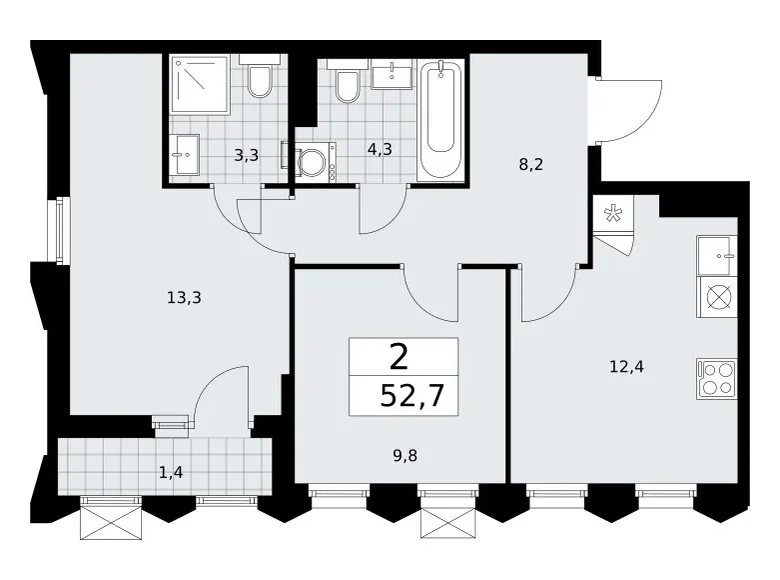 2 room apartment 53 m² Troitsk, Russia