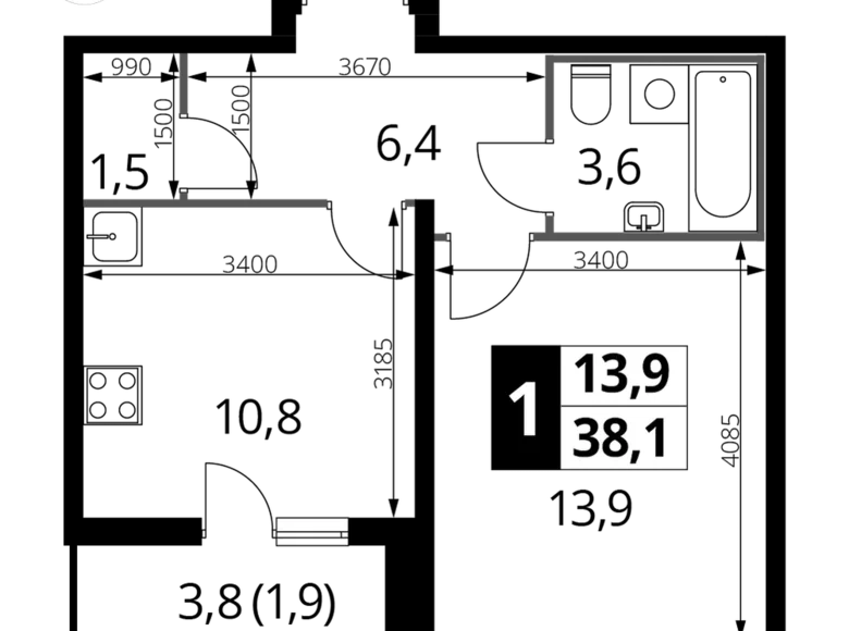 Квартира 1 комната 38 м² район Некрасовка, Россия