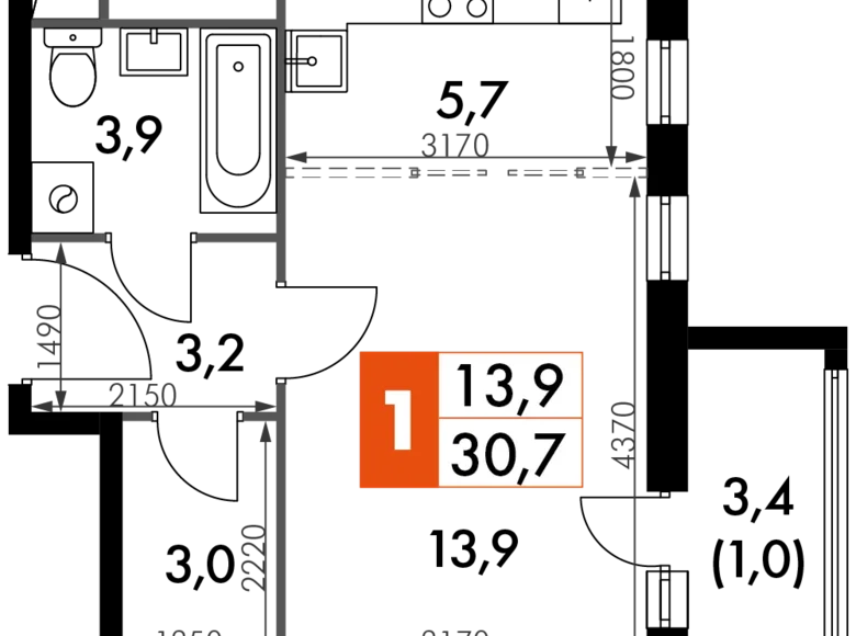 Студия 1 комната 31 м² Развилка, Россия