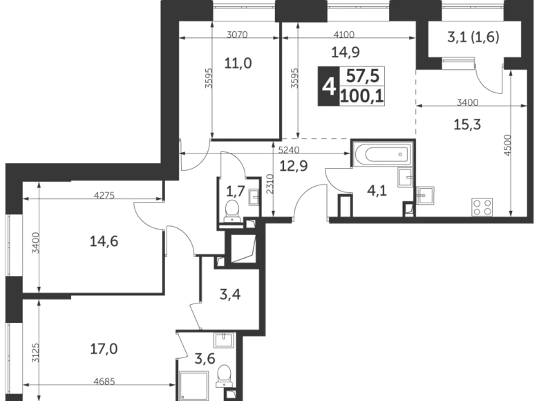 4 room apartment 100 m² North-Eastern Administrative Okrug, Russia