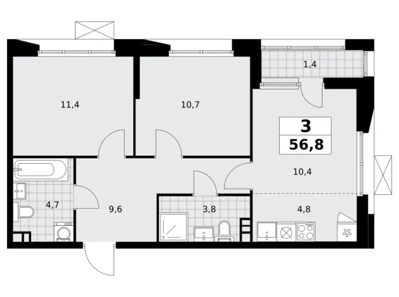 Apartamento 3 habitaciones 57 m² poselenie Sosenskoe, Rusia