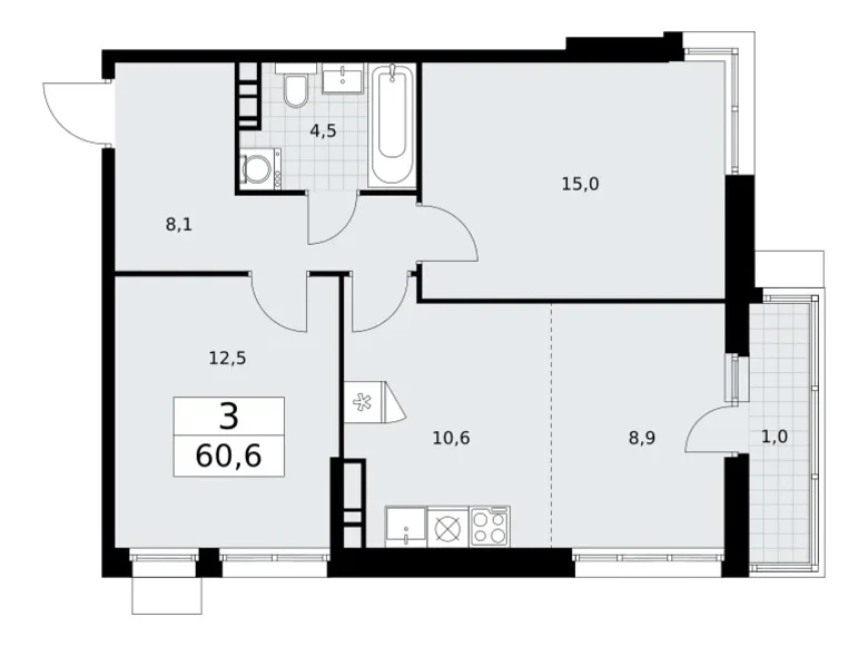3 room apartment 61 m² Vnukovo, Russia