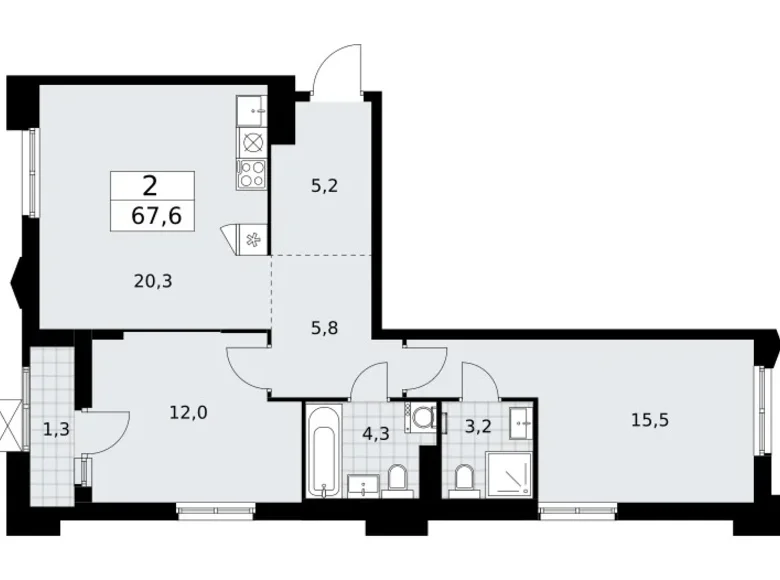 2 room apartment 68 m² Troitsk, Russia