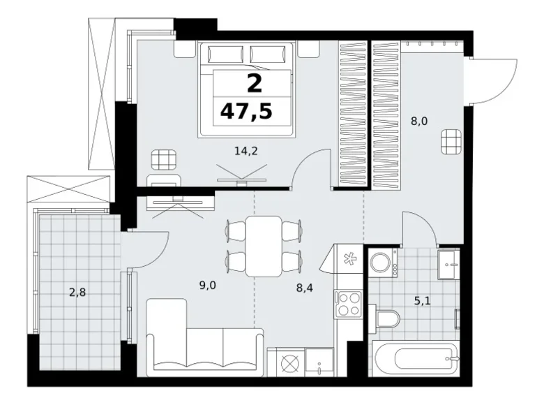 2 room apartment 48 m² Kommunarka, Russia