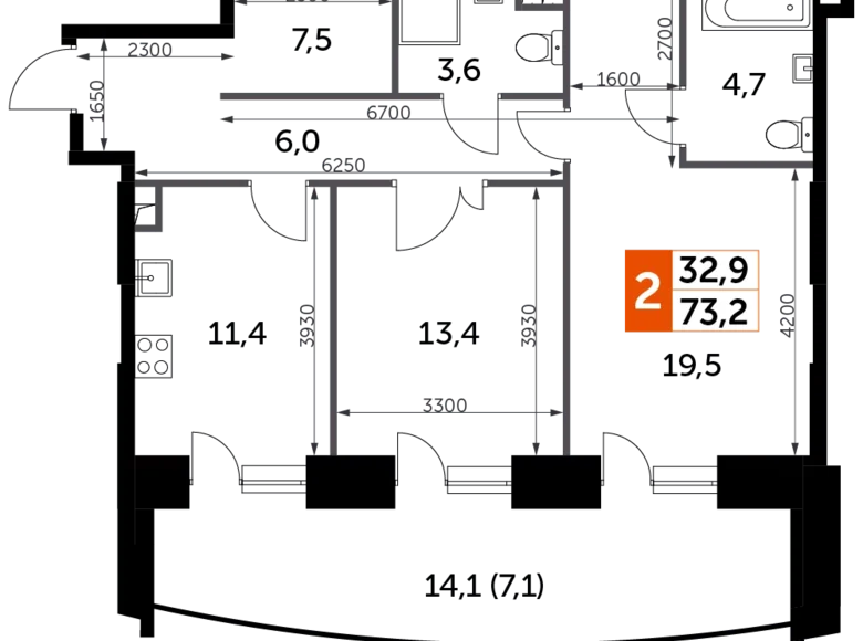 Квартира 2 комнаты 73 м² Северо-Западный административный округ, Россия