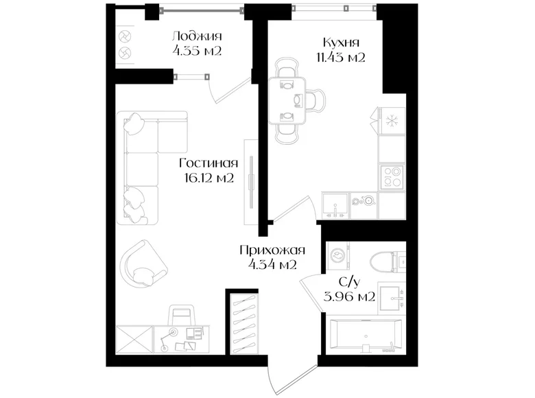 Kvartira 1 xona 38 m² Toshkentda