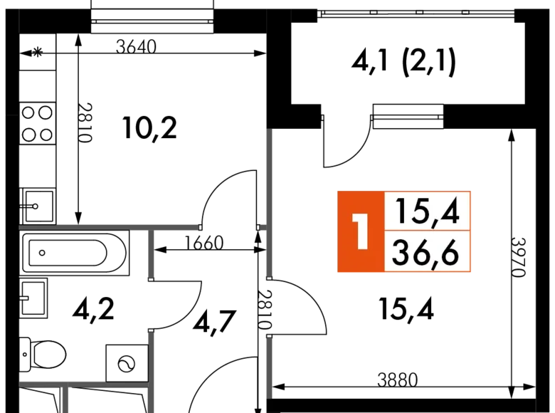 Квартира 1 комната 37 м² Развилка, Россия