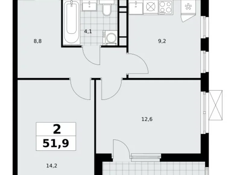 2 room apartment 52 m² Moscow, Russia