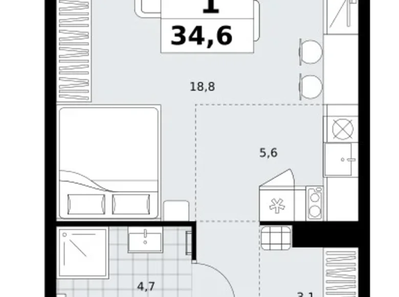 1 room apartment 35 m² Kommunarka, Russia