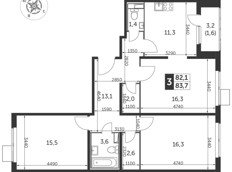 3 room apartment 84 m² Lyubertsy, Russia