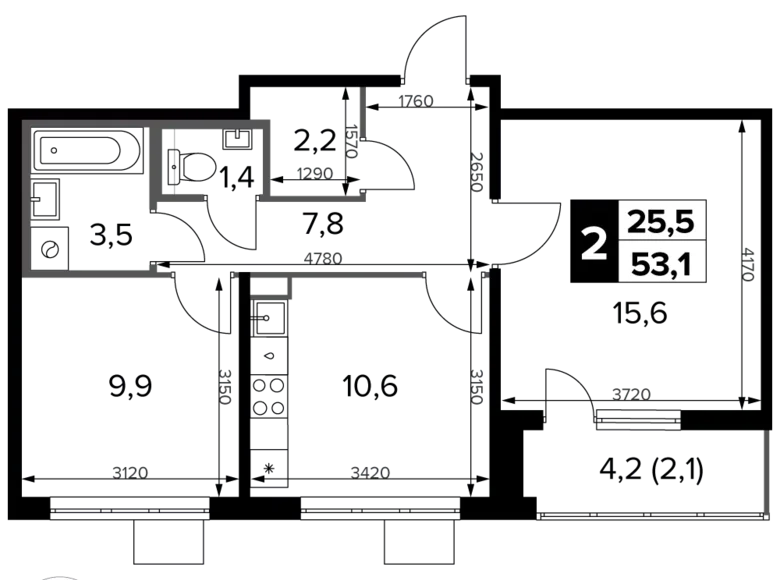 Mieszkanie 2 pokoi 53 m² Potapovo, Rosja