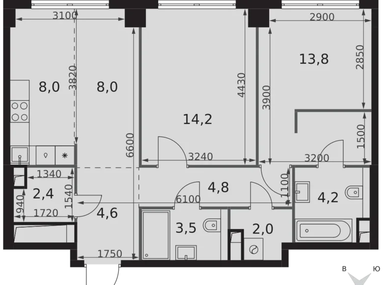 2 room apartment 66 m² Moscow, Russia
