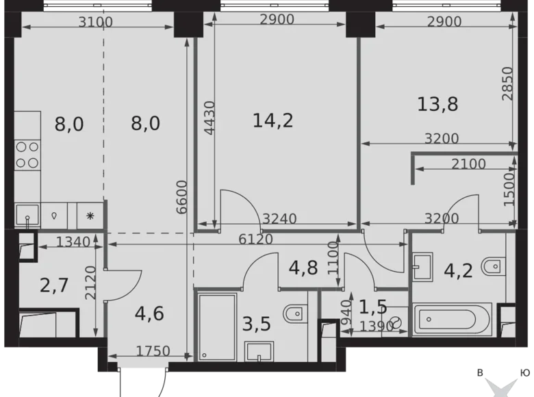 2 room apartment 65 m² Moscow, Russia