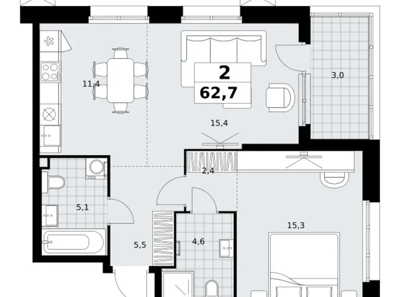 2 room apartment 63 m² Kommunarka, Russia