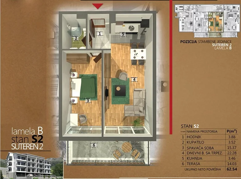 Квартира 1 спальня 59 м² Пржно, Черногория