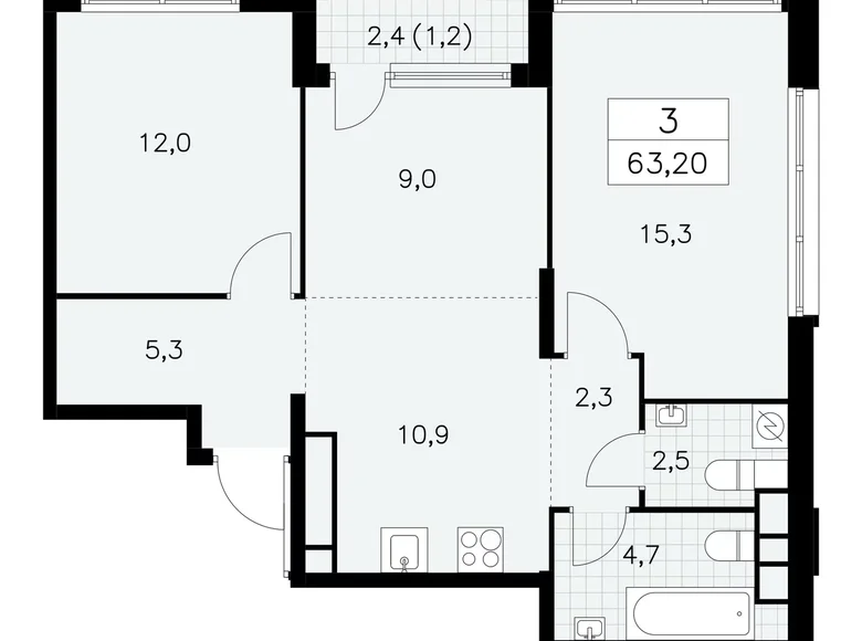 Wohnung 3 zimmer 63 m² Südwestlicher Verwaltungsbezirk, Russland