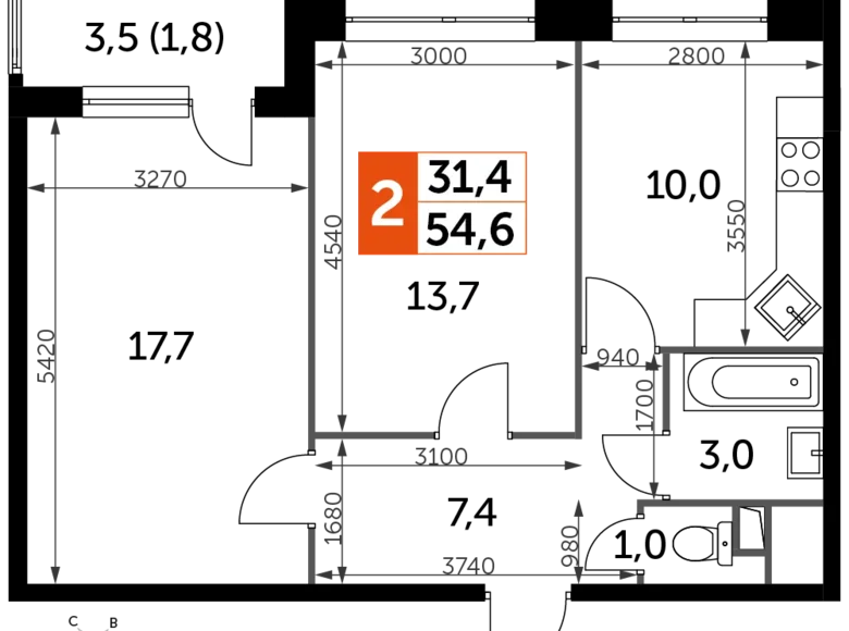 Wohnung 2 Zimmer 55 m² Veshki, Russland