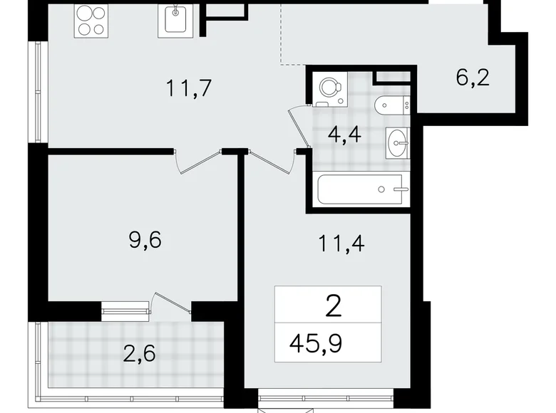 2 room apartment 46 m² Vsevolozhsk, Russia