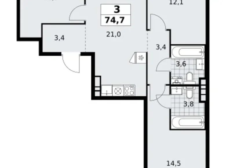 Appartement 3 chambres 75 m² poselenie Sosenskoe, Fédération de Russie