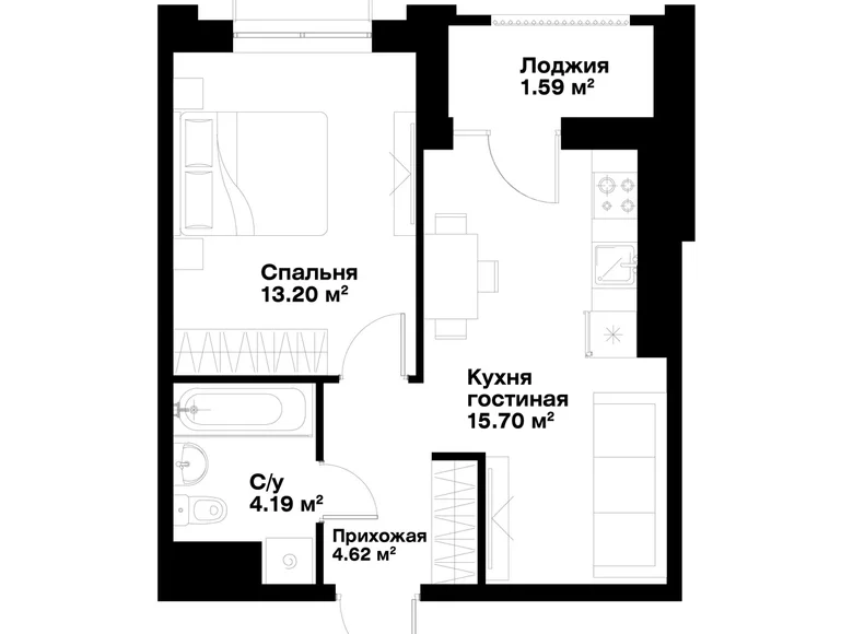 Квартира 1 комната 39 м² Ташкент, Узбекистан