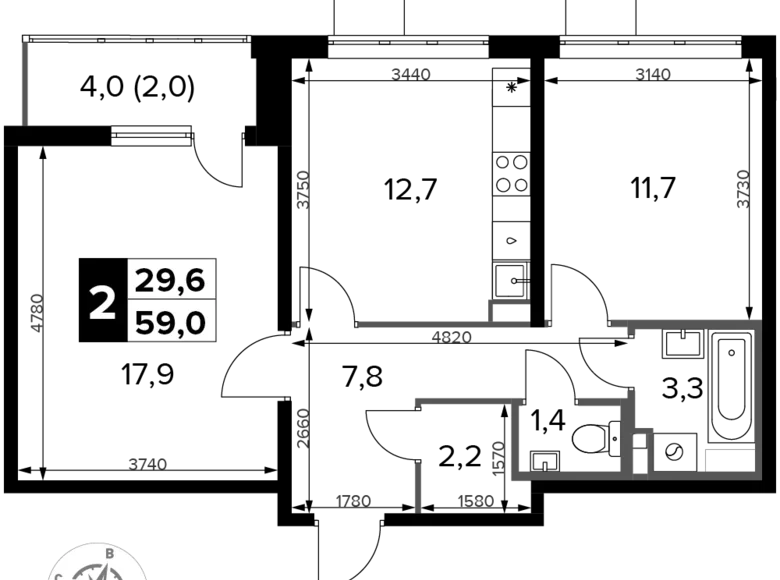 Mieszkanie 2 pokoi 59 m² Potapovo, Rosja