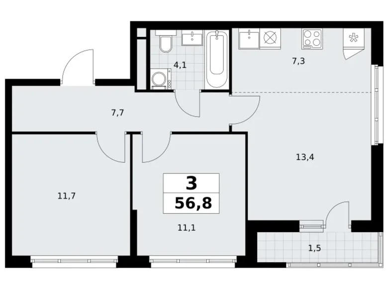 3 room apartment 57 m² Postnikovo, Russia