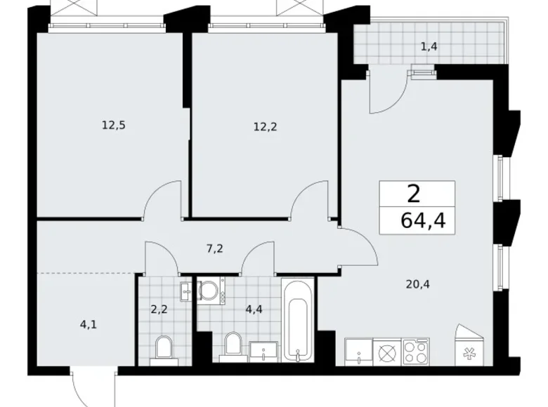 Apartamento 2 habitaciones 64 m² Troitsk, Rusia
