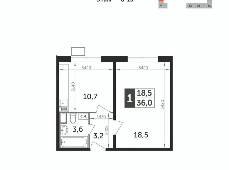 1 room apartment 36 m² Leninsky District, Russia