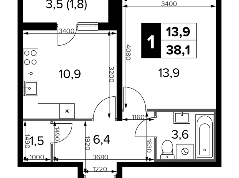 Квартира 1 комната 38 м² Москва, Россия